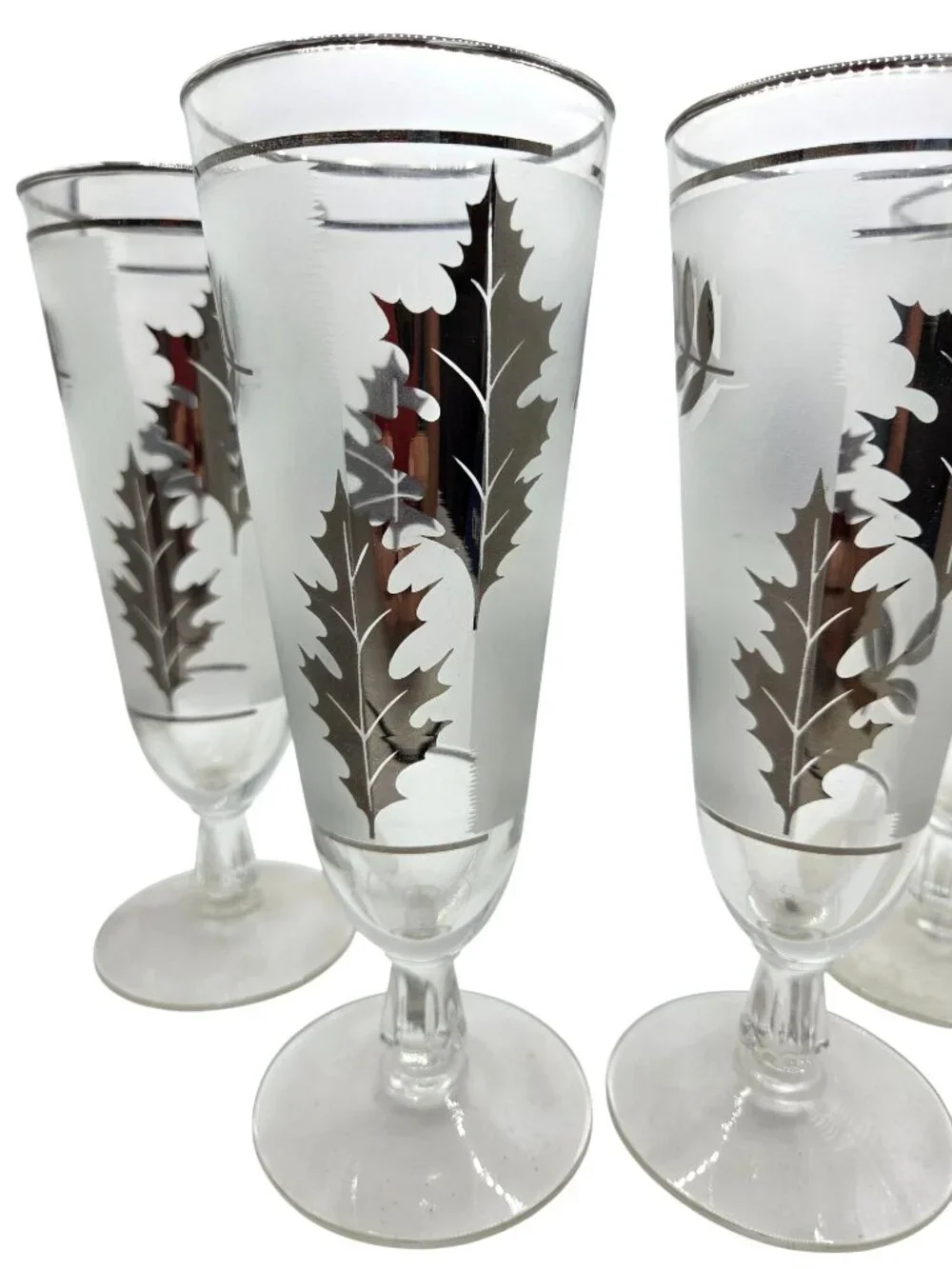 Vtg Libbey Silver Foliage Leaf Footed Pilsner Glasses Set Of 4 Frosted Champagne - Picture 5 of 12